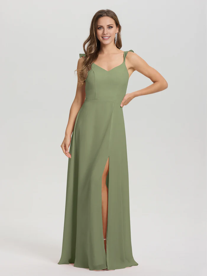 V-neck shoulder strap tied chiffon slit and floor length bridesmaid dress