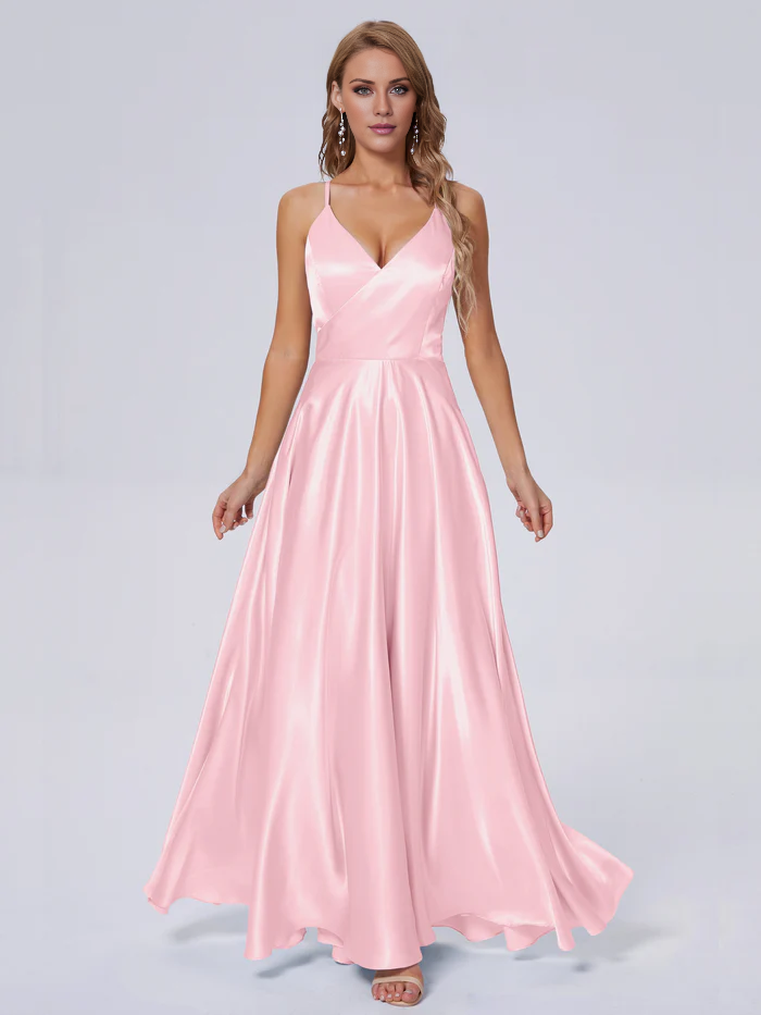 Elegant shoulder strap soft satin and floor length bridesmaid dress
