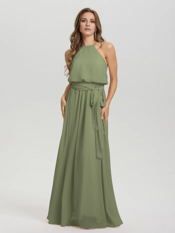 Hanging neck low round neck sleeveless chiffon and floor length Bridesmaid dresses