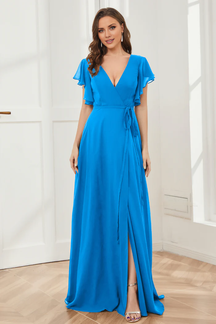 V-neck ruffled sleeve chiffon slit and floor length bridesmaid dress