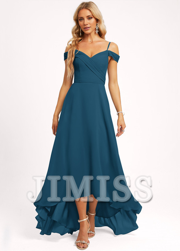A-line off-shoulder asymmetric chiffon bridesmaid dress