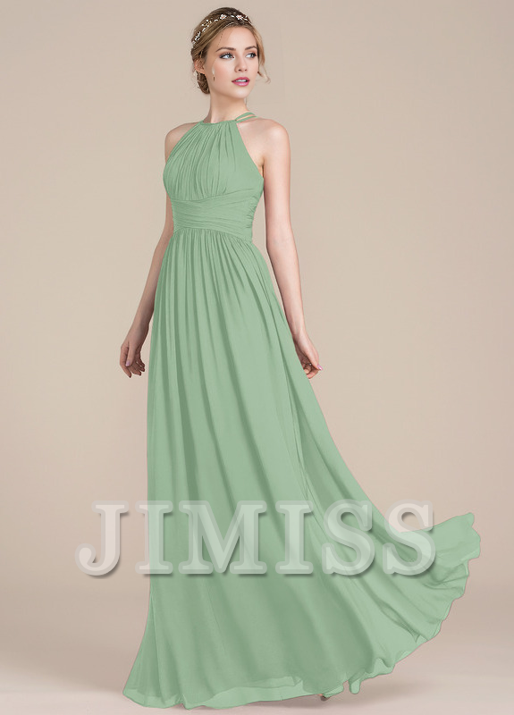 Lotus leaf A-line low round neck chiffon bridesmaid dress