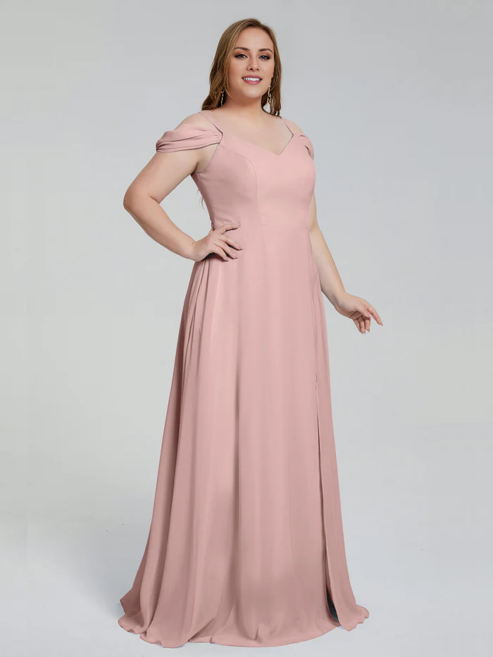 Thin shoulder strap plus size and floor length bridesmaid dress