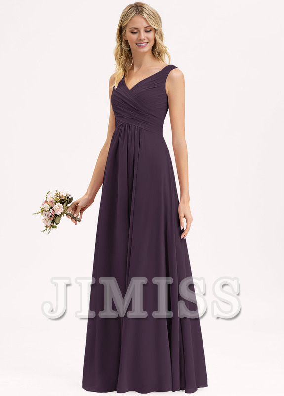 A-line V-neck floor-length chiffon pleated bridesmaid dress