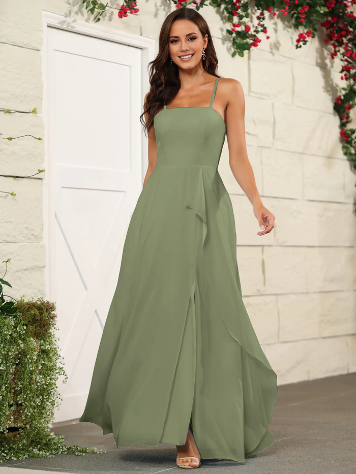 Beautiful chiffon thin shoulder strap and floor length bridesmaid dress