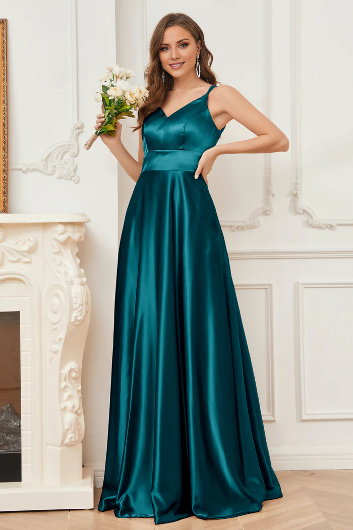 Thin shoulder strap V-neck soft satin and floor length bridesmaid dress
