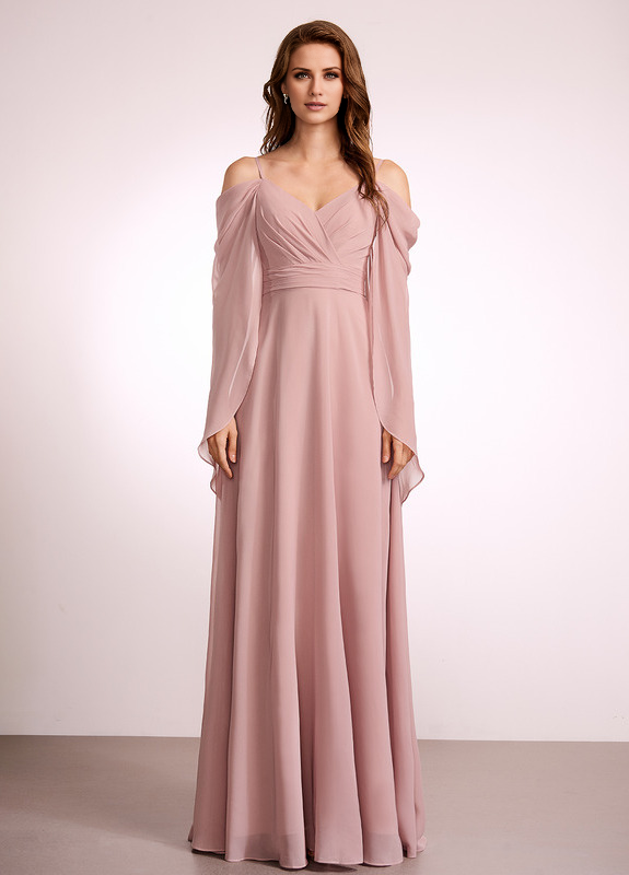 A-line off-shoulder floor-length chiffon bridesmaid dress