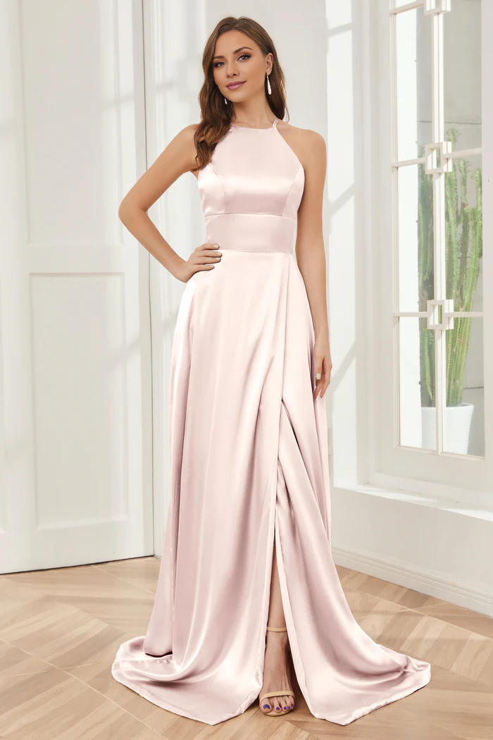 Column neck hanging soft satin and floor length bridesmaid dress