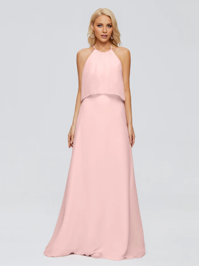 Post neck chiffon and floor length bridesmaid dress