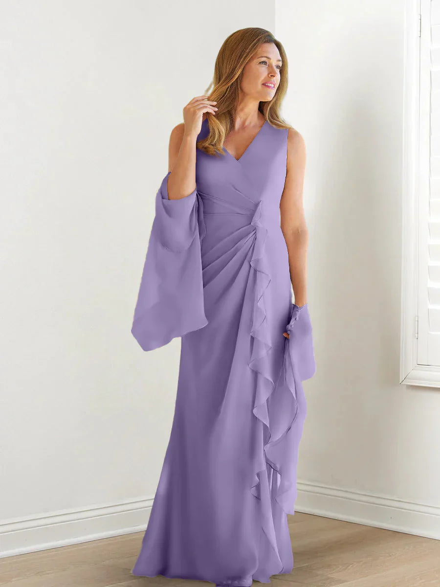 Wrap body/column V-neck sleeveless wrap body mother of the bride dress