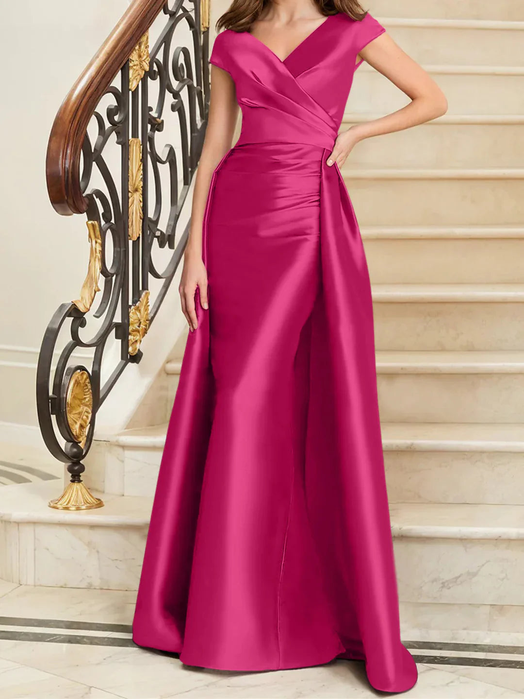 Tight fit/straight V-neck sleeveless satin mother of the bride dresses