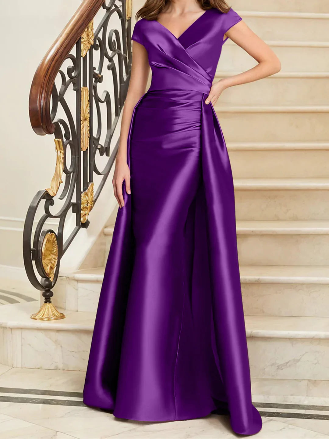 Tight fit/straight V-neck sleeveless satin mother of the bride dresses