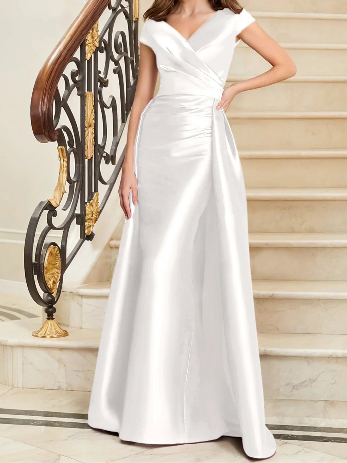 Tight fit/straight V-neck sleeveless satin mother of the bride dresses