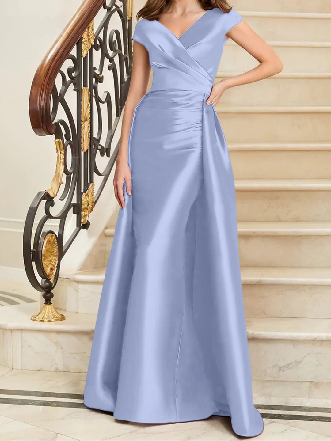 Tight fit/straight V-neck sleeveless satin mother of the bride dresses