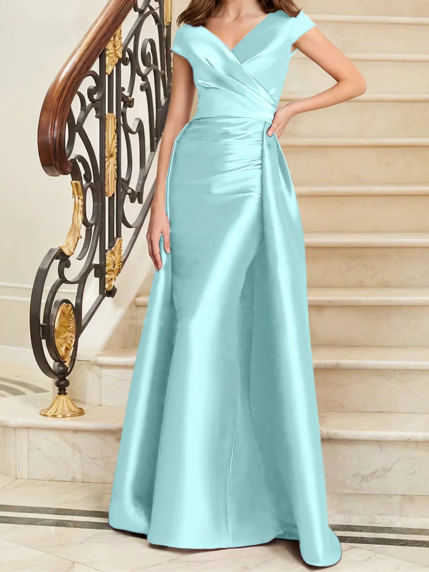 Tight fit/straight V-neck sleeveless satin mother of the bride dresses