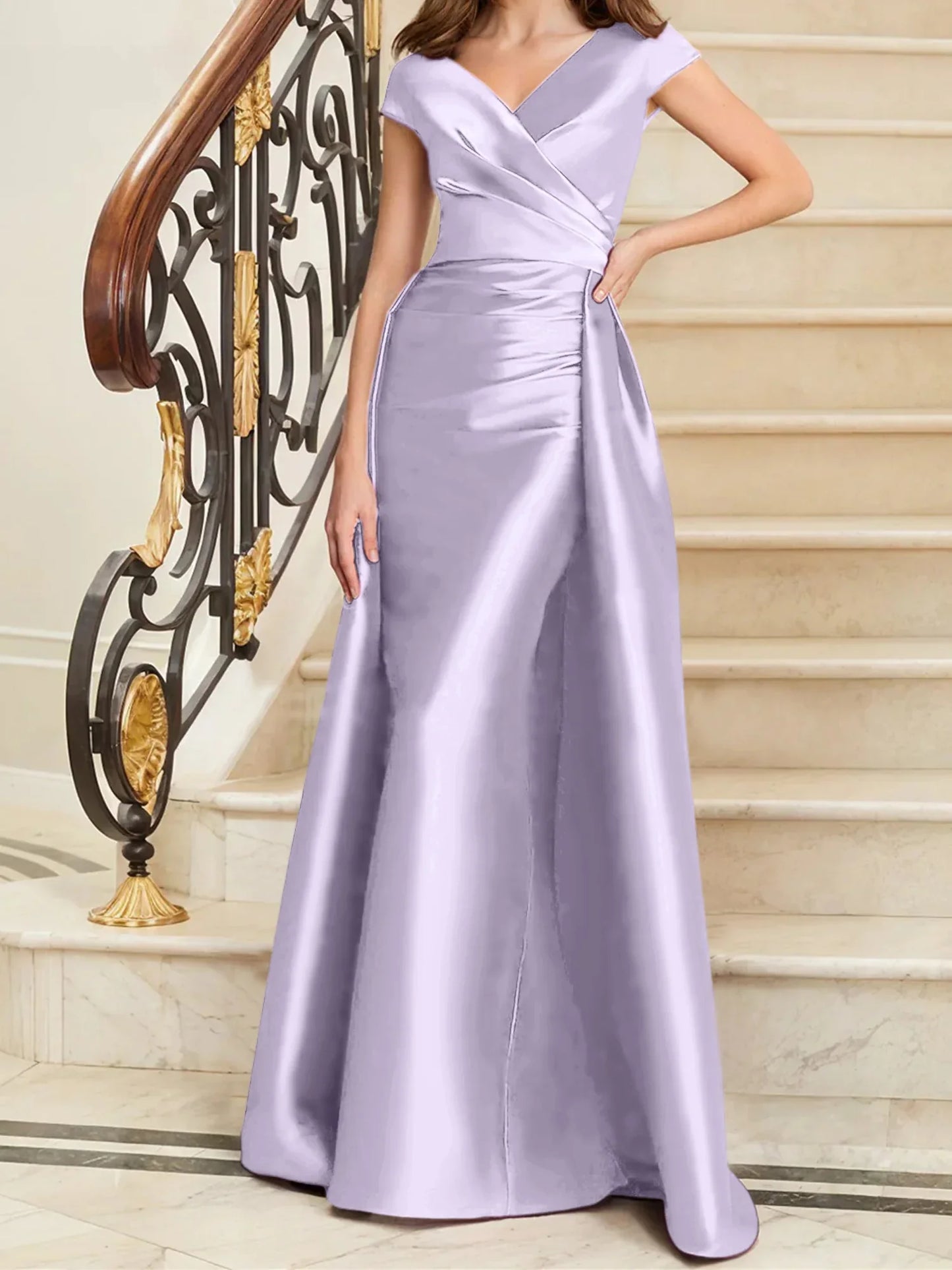 Tight fit/straight V-neck sleeveless satin mother of the bride dresses