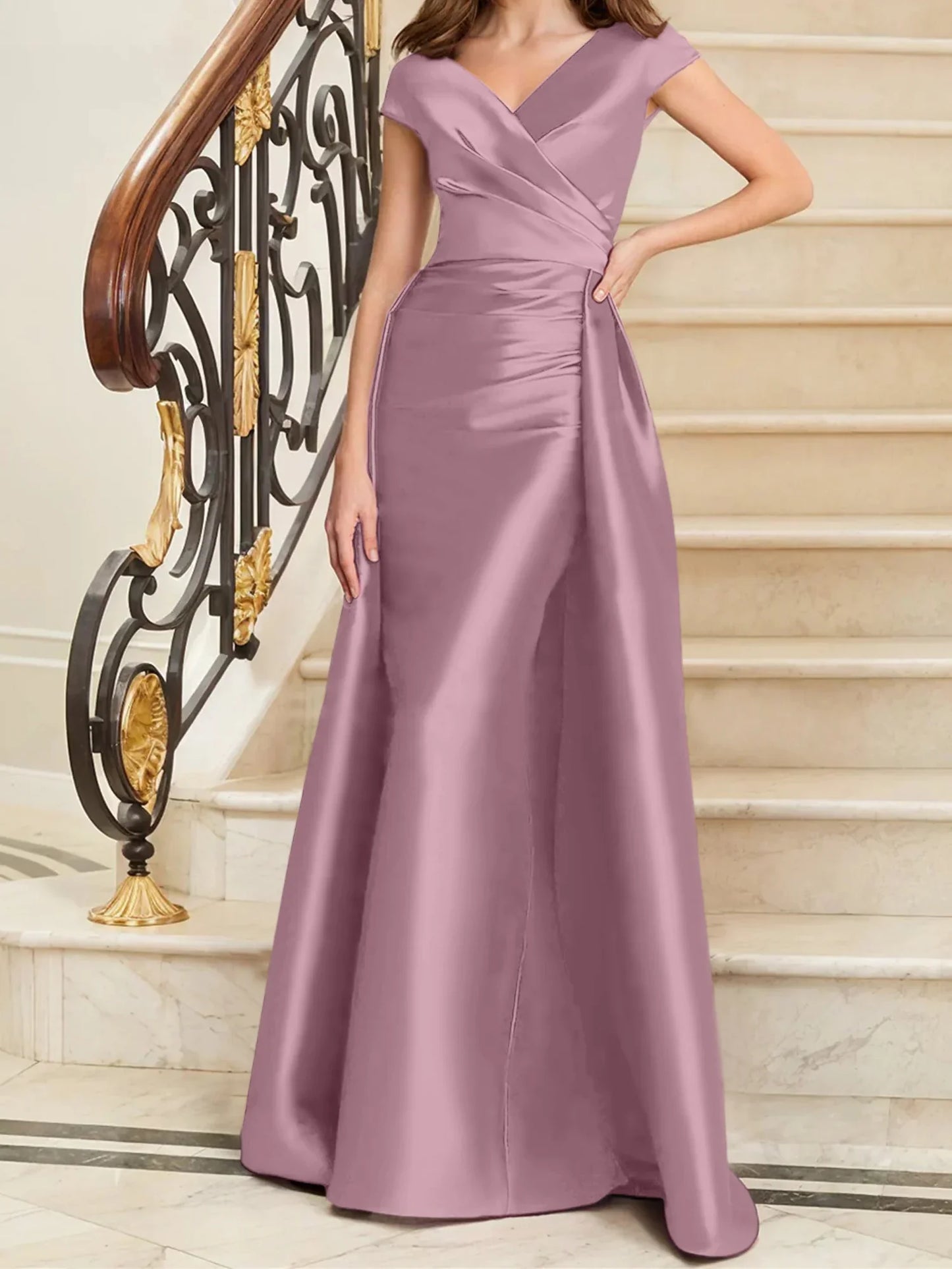 Tight fit/straight V-neck sleeveless satin mother of the bride dresses