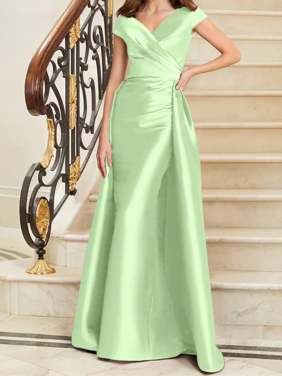 Tight fit/straight V-neck sleeveless satin mother of the bride dresses