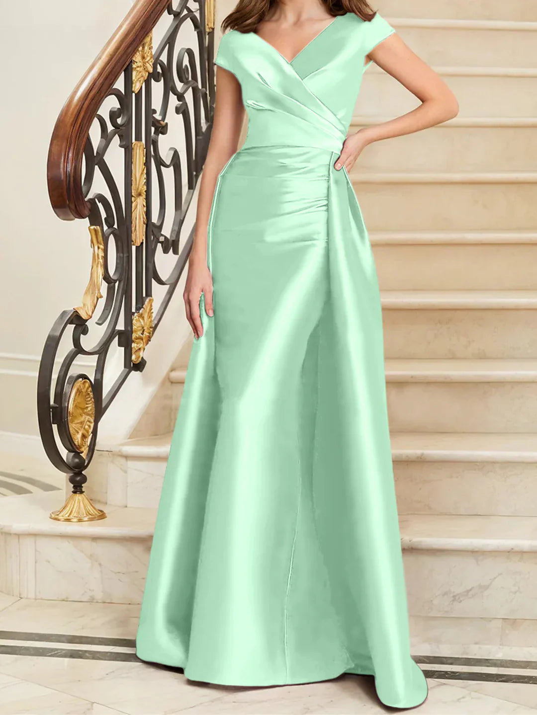 Tight fit/straight V-neck sleeveless satin mother of the bride dresses
