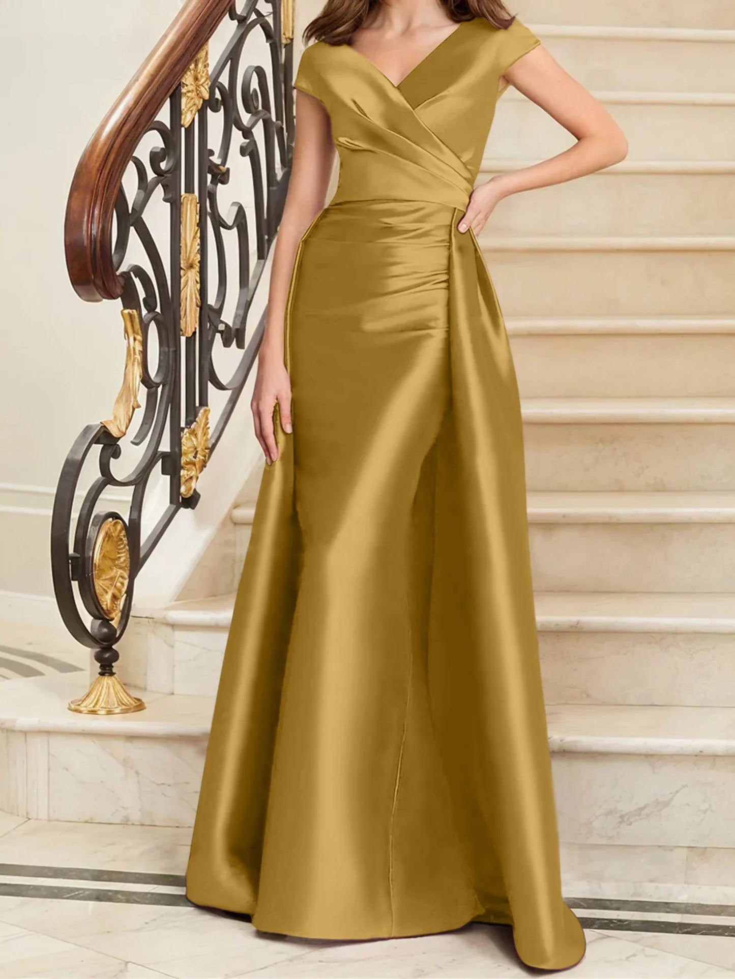 Tight fit/straight V-neck sleeveless satin mother of the bride dresses