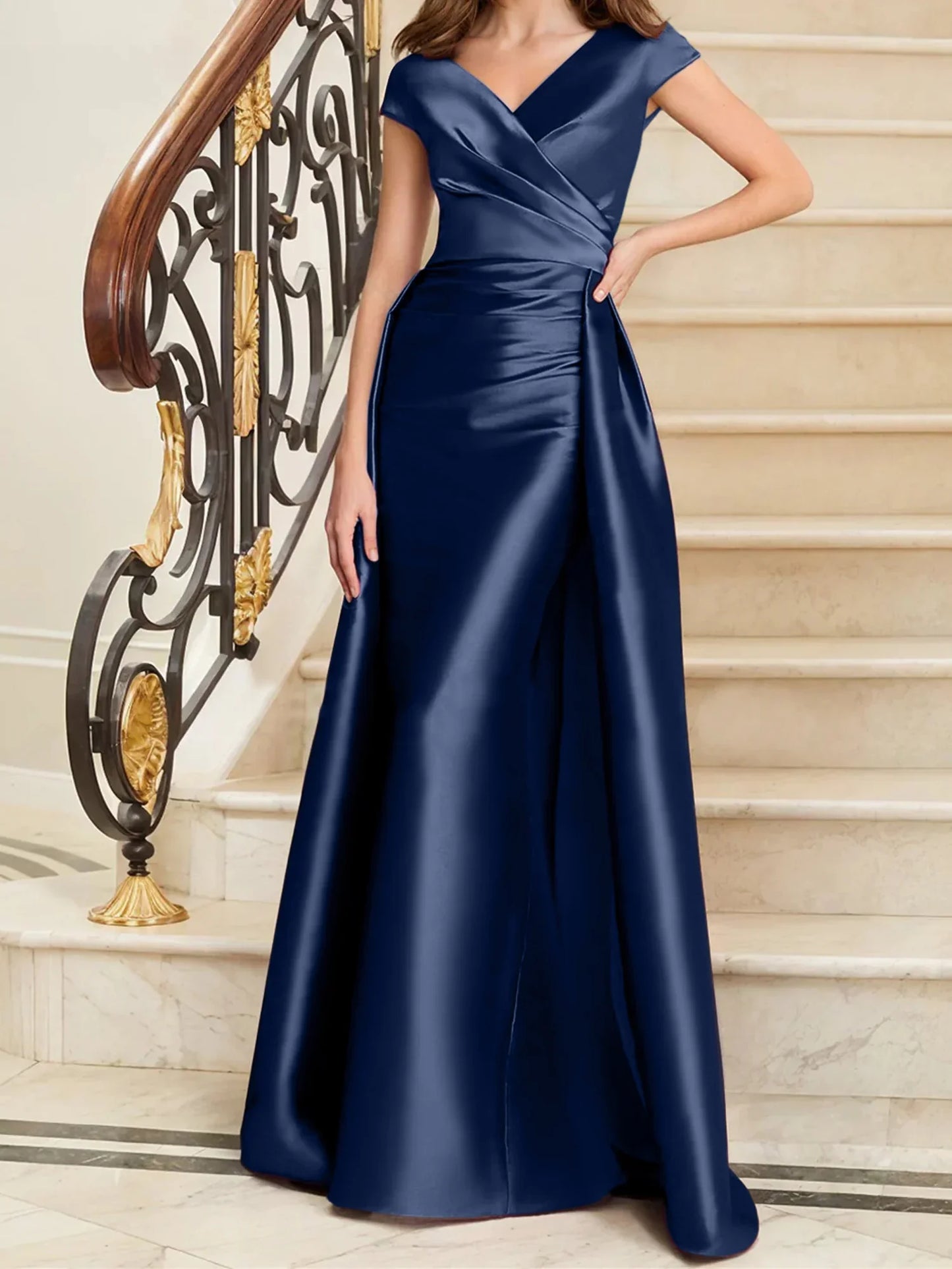 Tight fit/straight V-neck sleeveless satin mother of the bride dresses