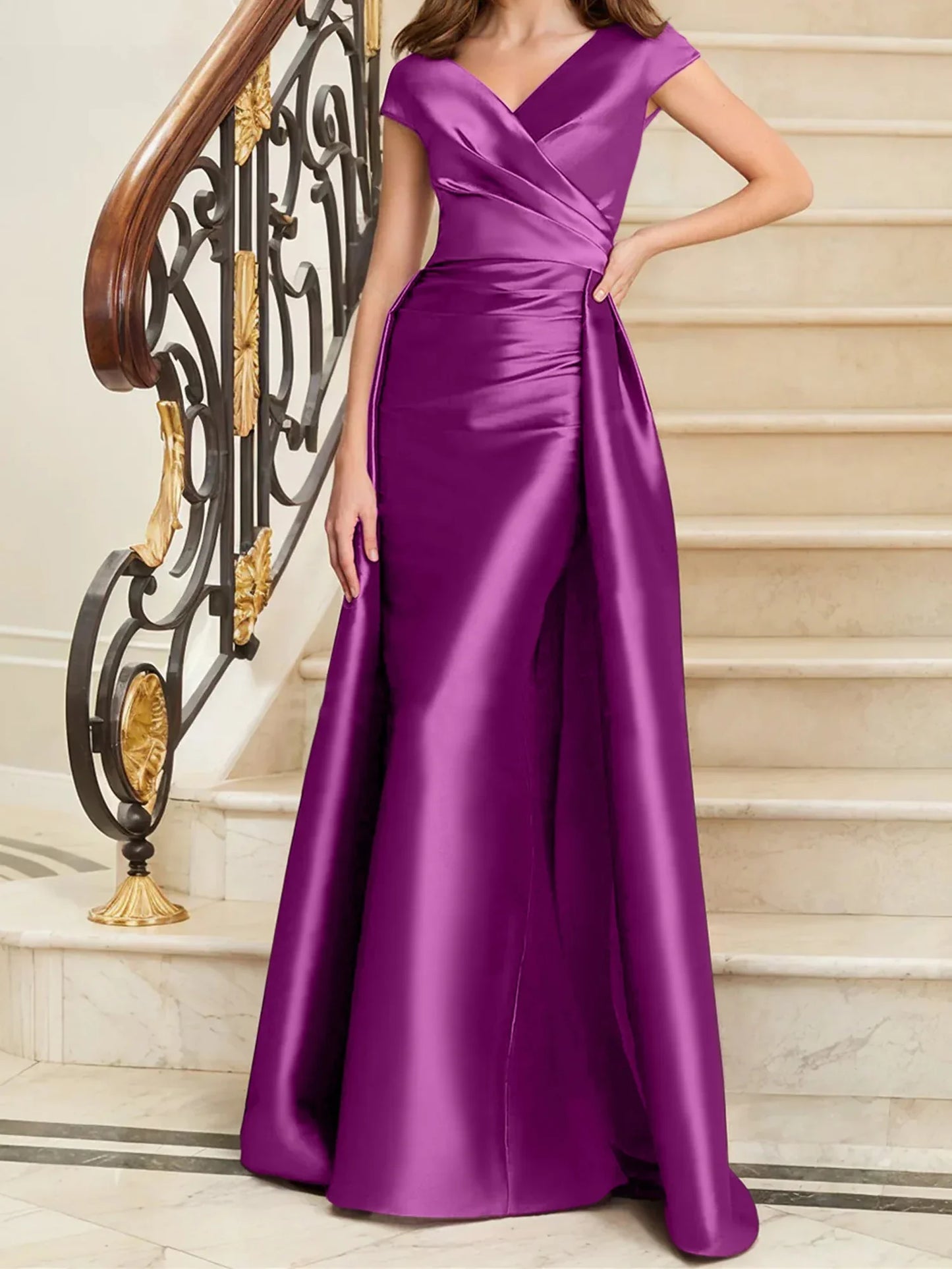 Tight fit/straight V-neck sleeveless satin mother of the bride dresses