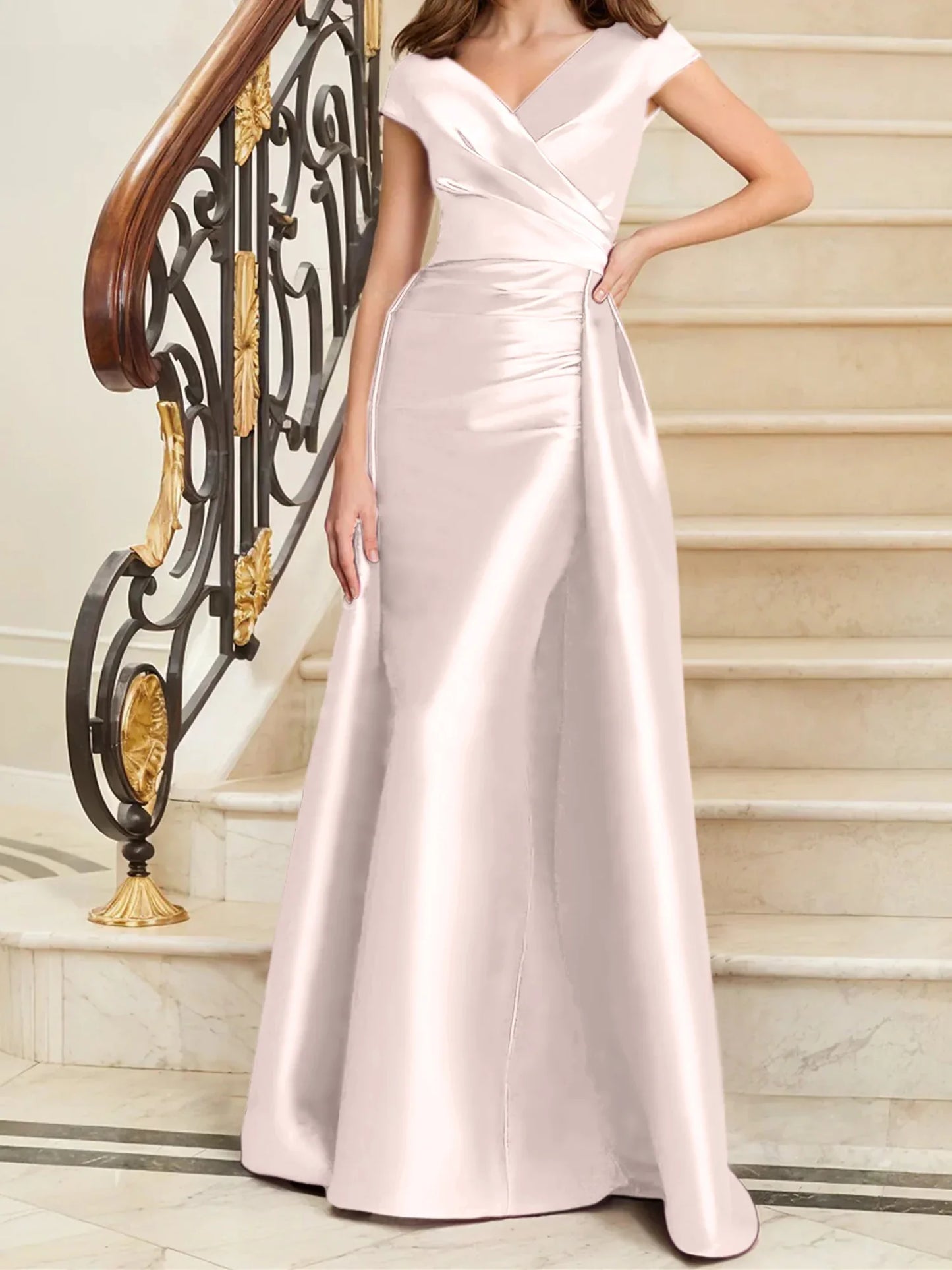 Tight fit/straight V-neck sleeveless satin mother of the bride dresses