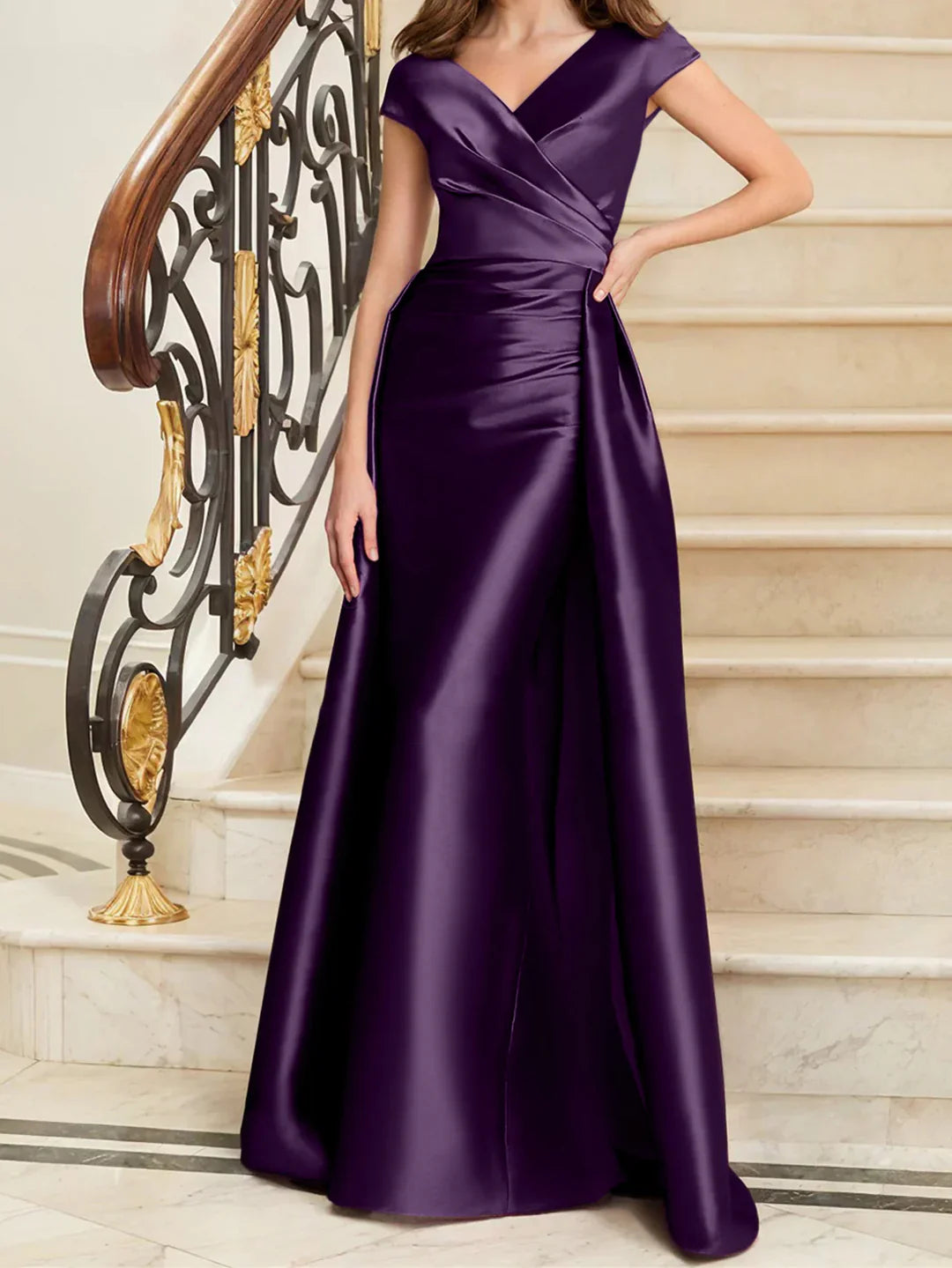 Tight fit/straight V-neck sleeveless satin mother of the bride dresses