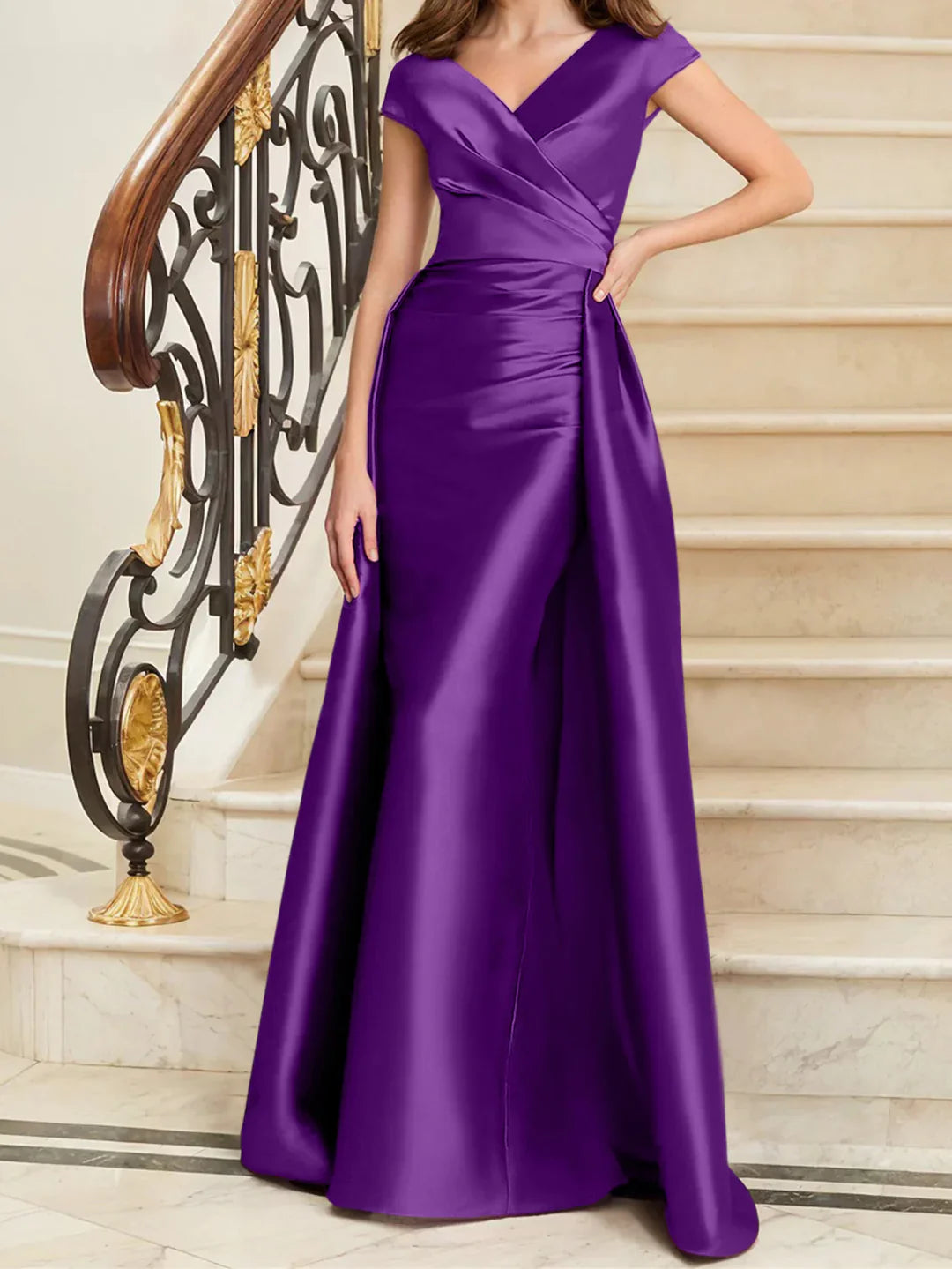 Tight fit/straight V-neck sleeveless satin mother of the bride dresses