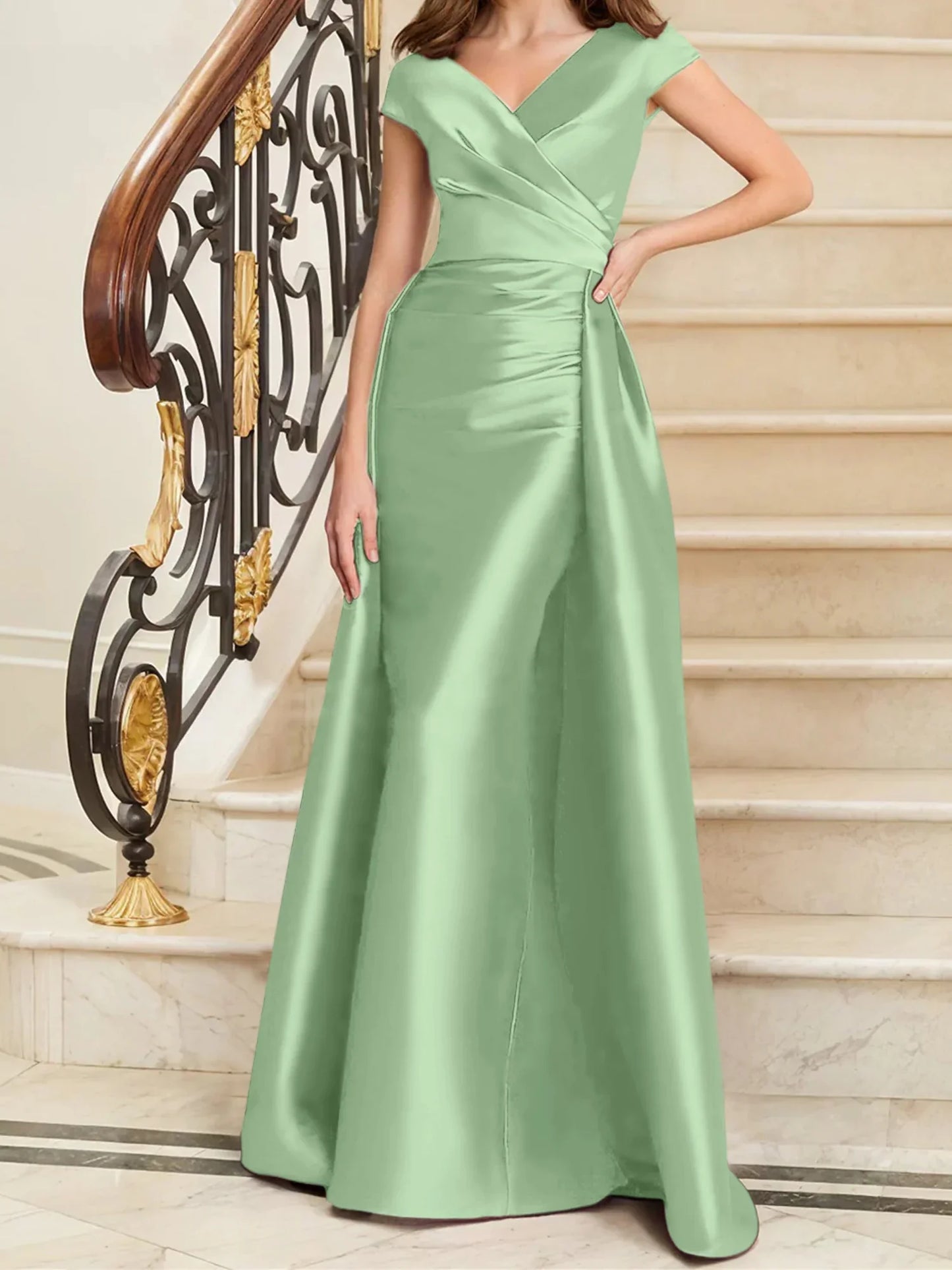 Tight fit/straight V-neck sleeveless satin mother of the bride dresses