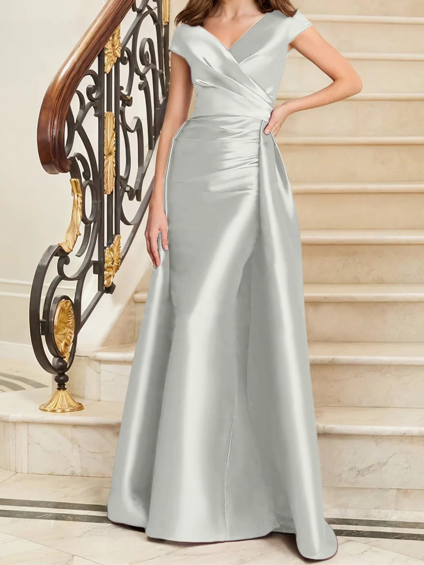 Tight fit/straight V-neck sleeveless satin mother of the bride dresses
