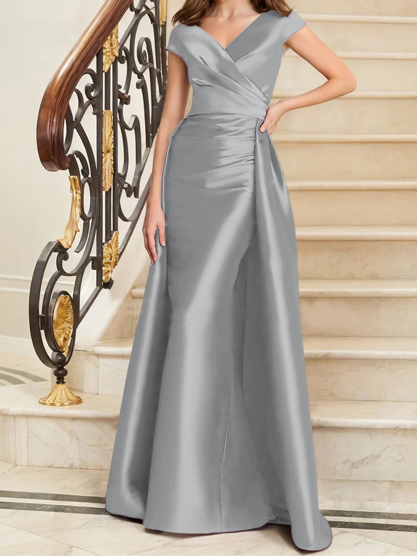 Tight fit/straight V-neck sleeveless satin mother of the bride dresses