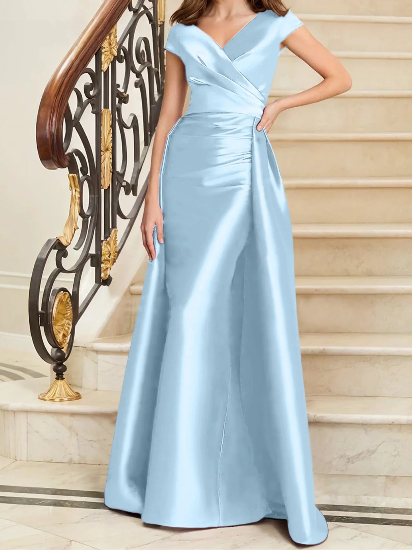 Tight fit/straight V-neck sleeveless satin mother of the bride dresses