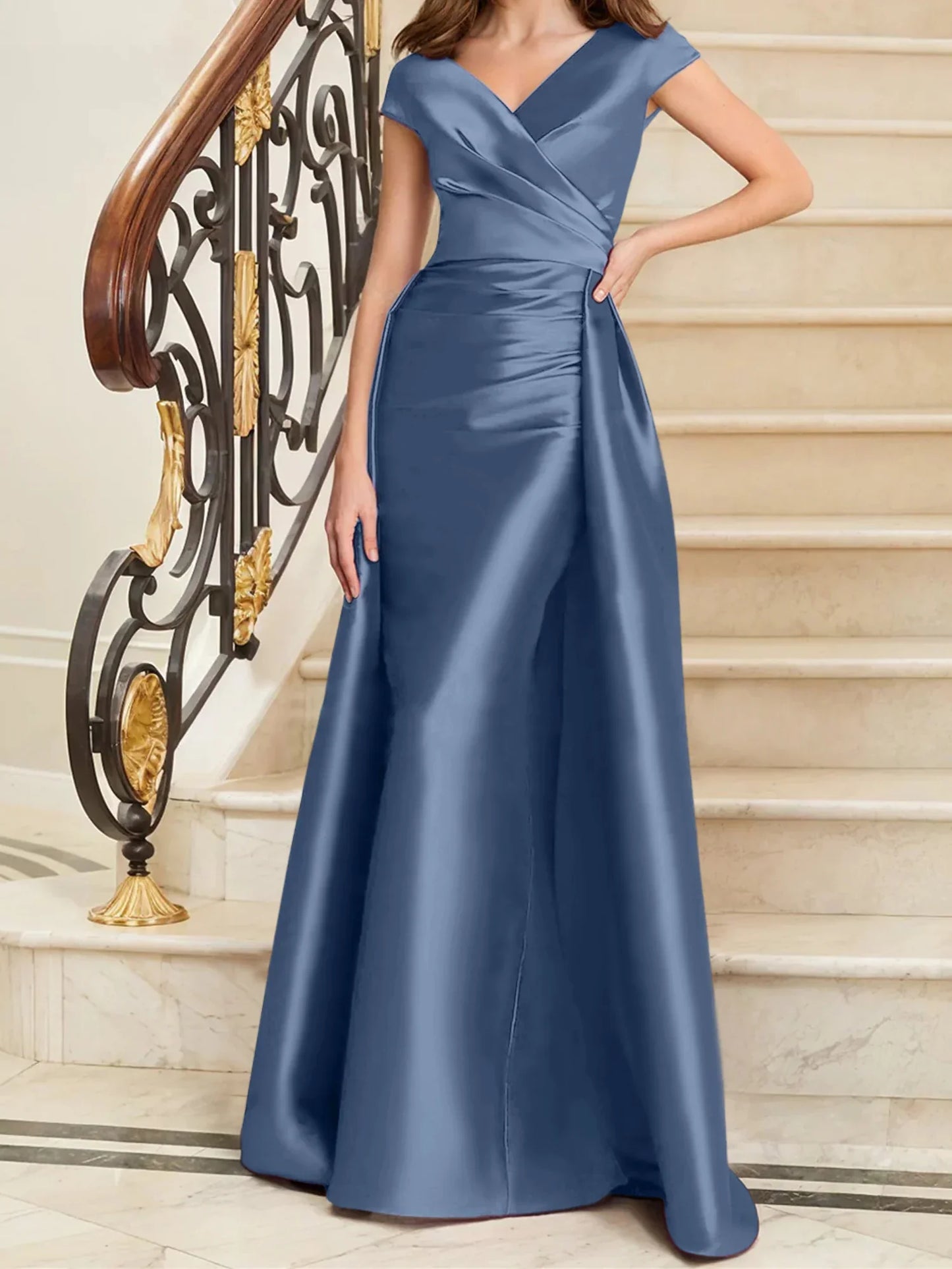 Tight fit/straight V-neck sleeveless satin mother of the bride dresses