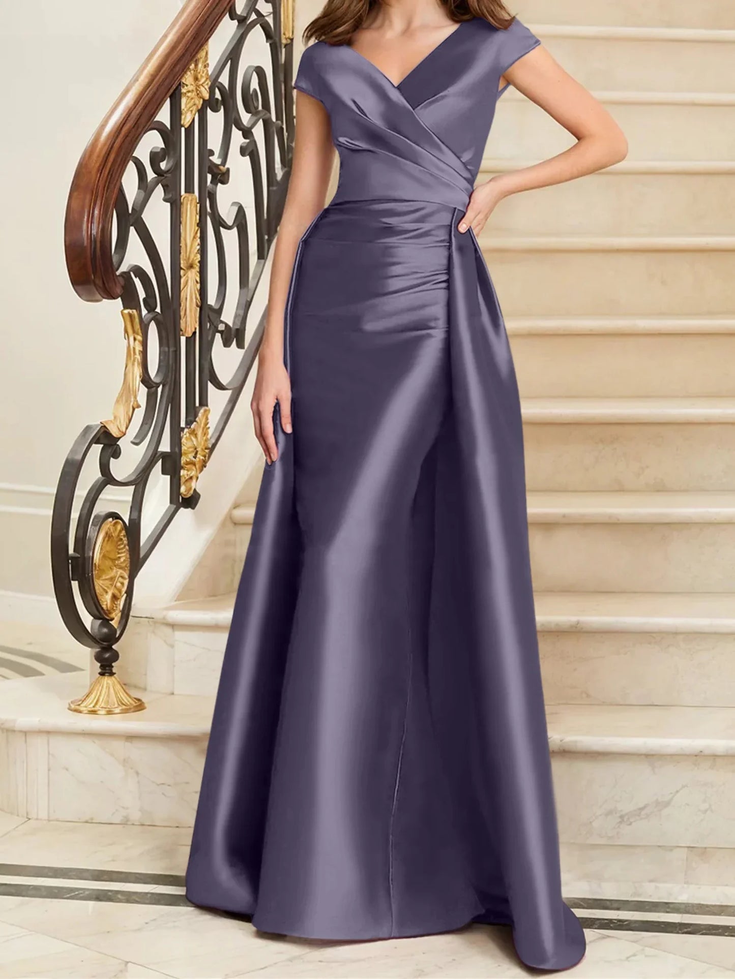 Tight fit/straight V-neck sleeveless satin mother of the bride dresses
