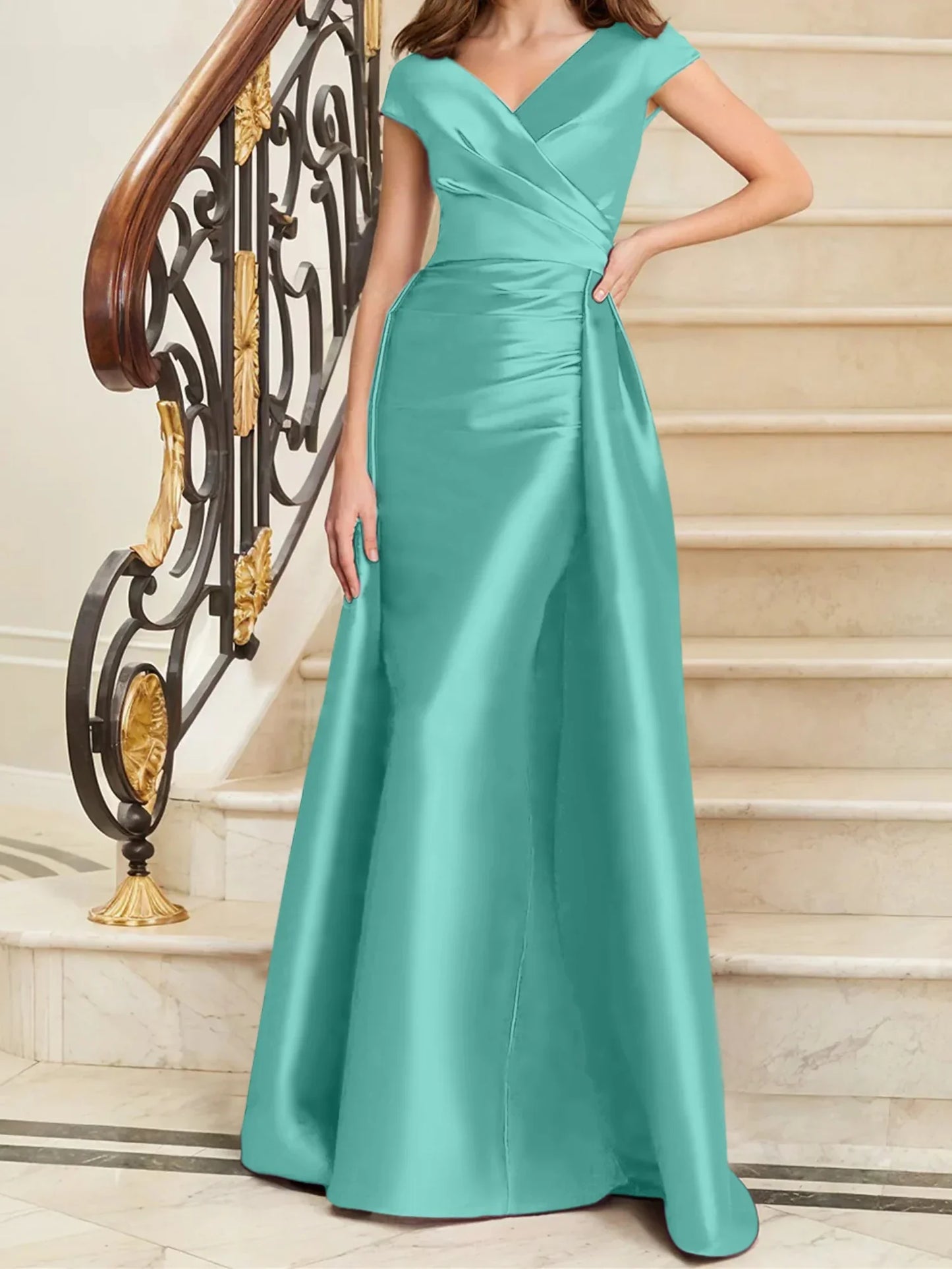 Tight fit/straight V-neck sleeveless satin mother of the bride dresses