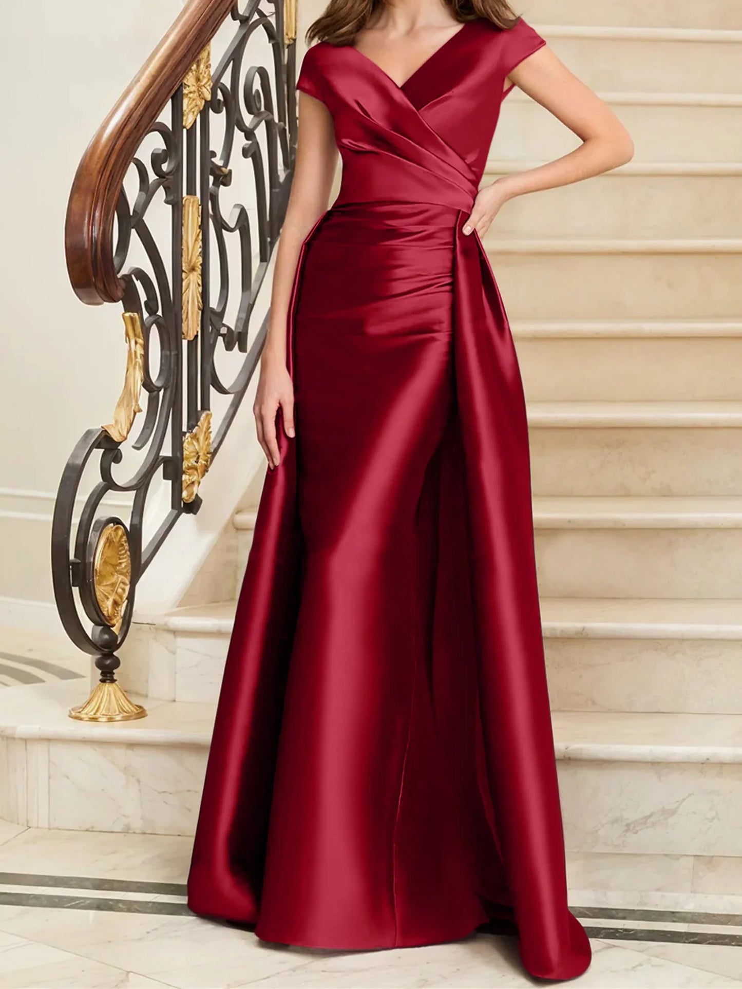 Tight fit/straight V-neck sleeveless satin mother of the bride dresses