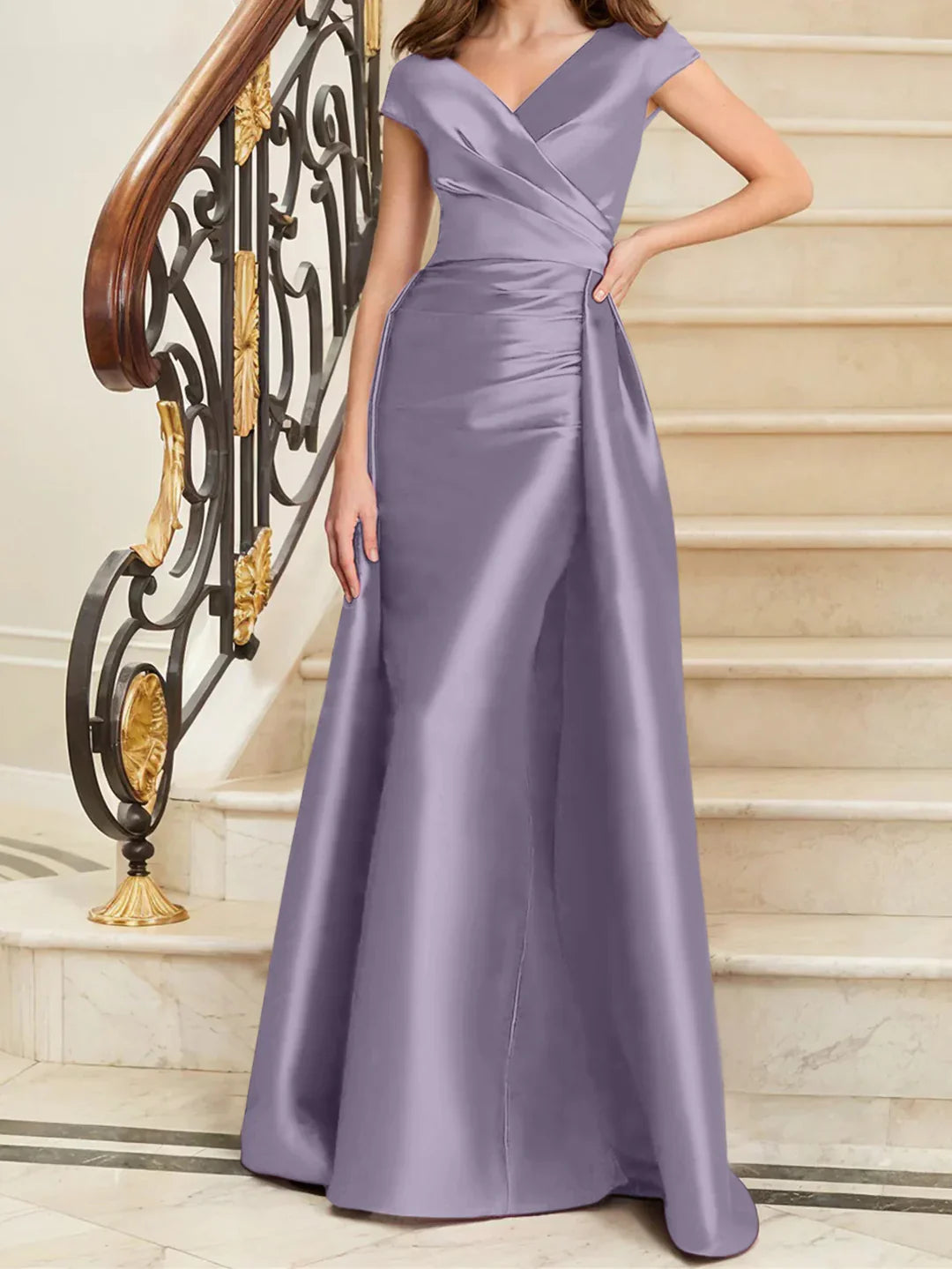 Tight fit/straight V-neck sleeveless satin mother of the bride dresses