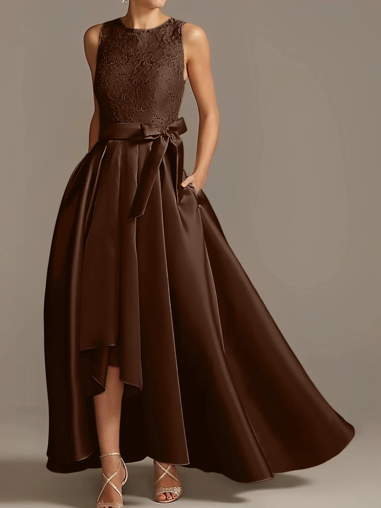 A-line/Princess collar sleeveless pleated lace mother of the bride dress