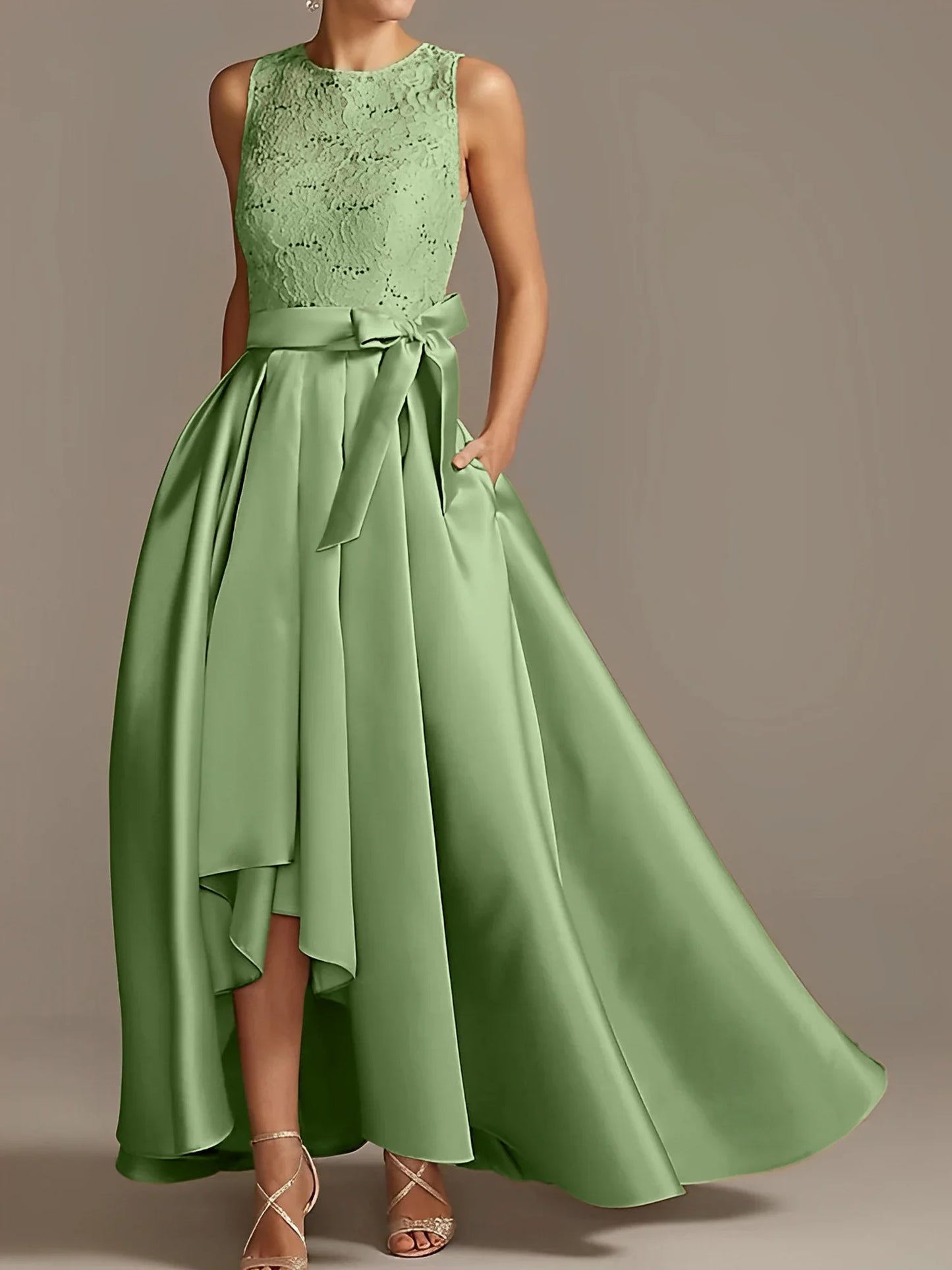 A-line/Princess collar sleeveless pleated lace mother of the bride dress