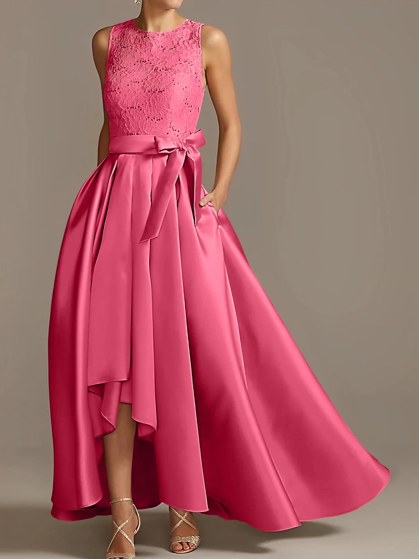 A-line/Princess collar sleeveless pleated lace mother of the bride dress