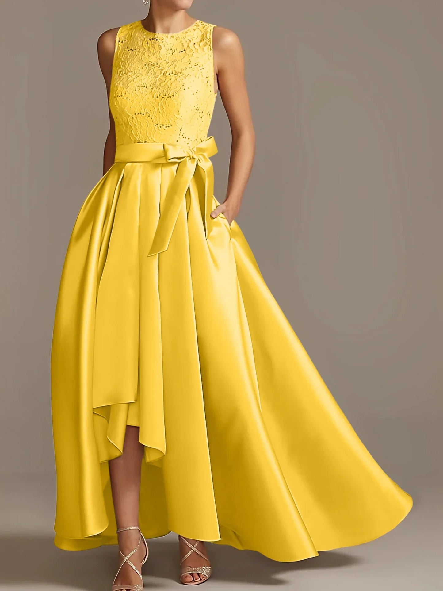 A-line/Princess collar sleeveless pleated lace mother of the bride dress