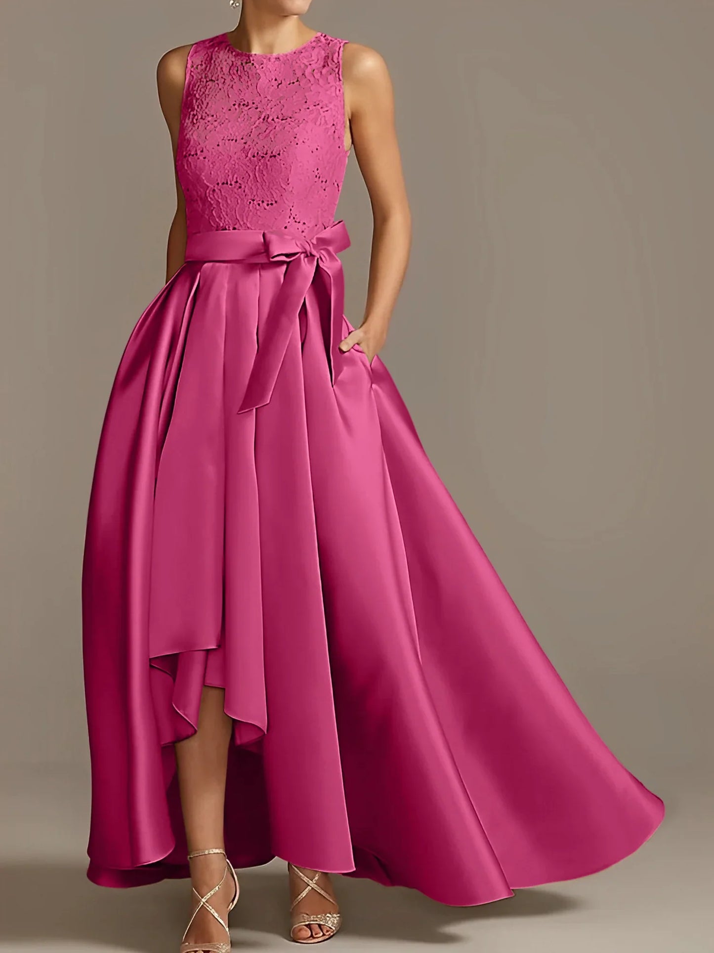 A-line/Princess collar sleeveless pleated lace mother of the bride dress