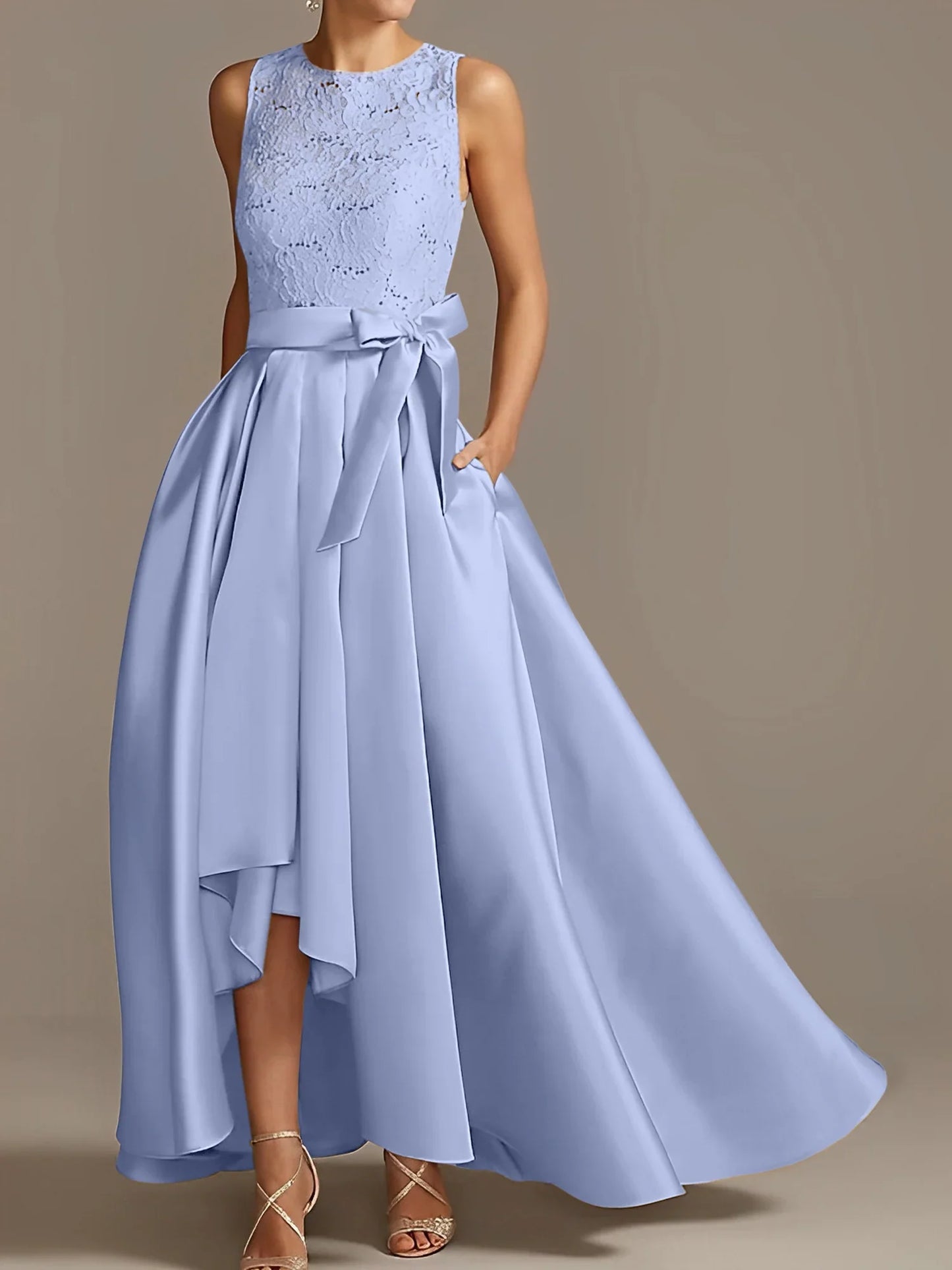 A-line/Princess collar sleeveless pleated lace mother of the bride dress