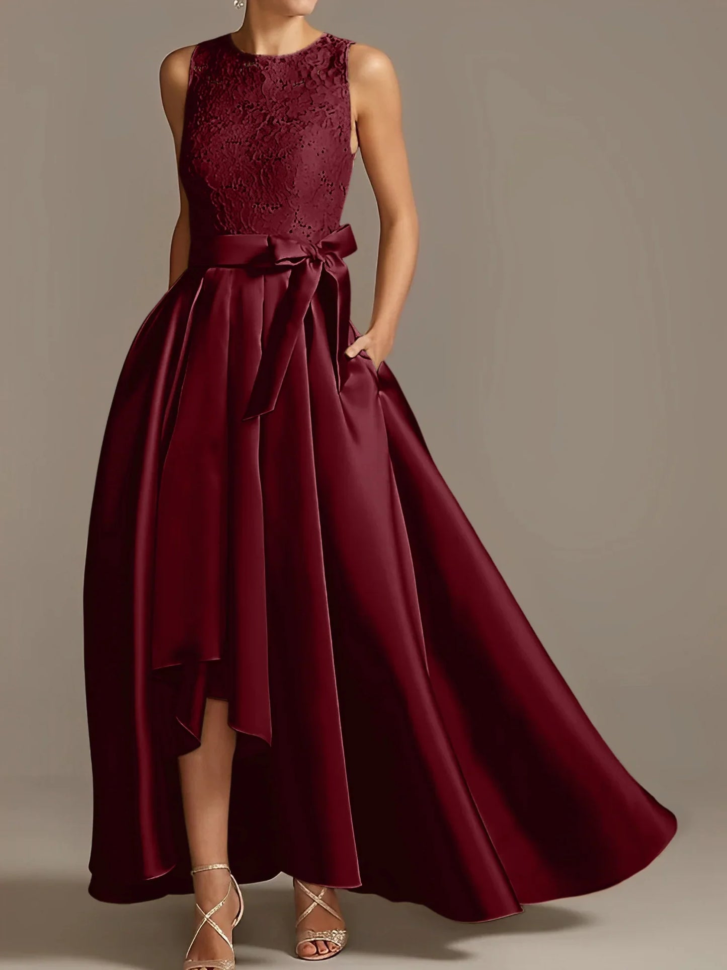 A-line/Princess collar sleeveless pleated lace mother of the bride dress