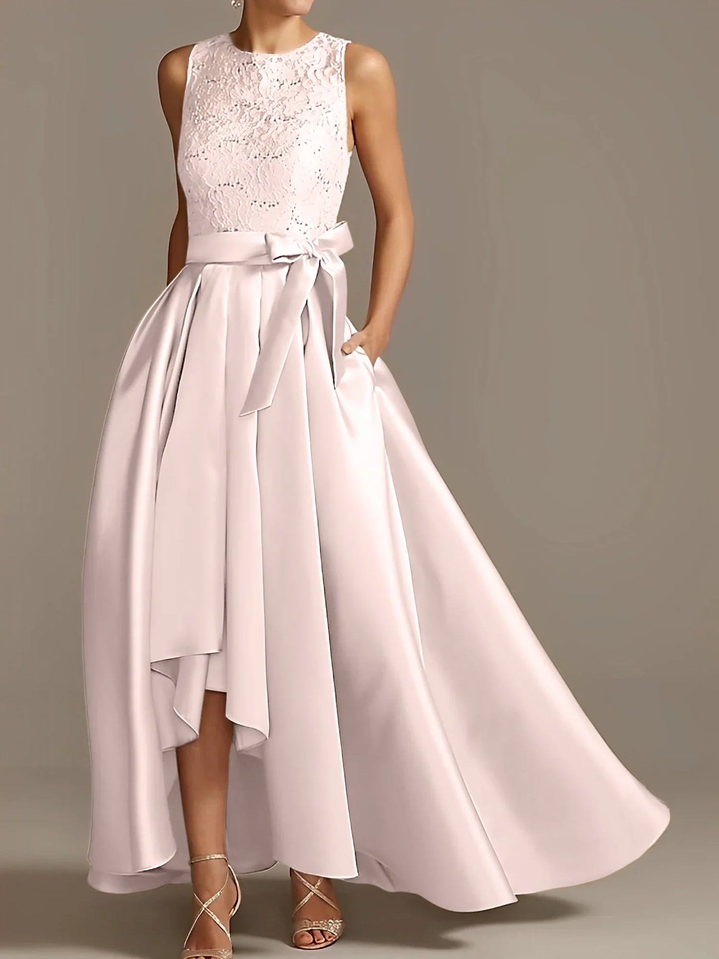 A-line/Princess collar sleeveless pleated lace mother of the bride dress
