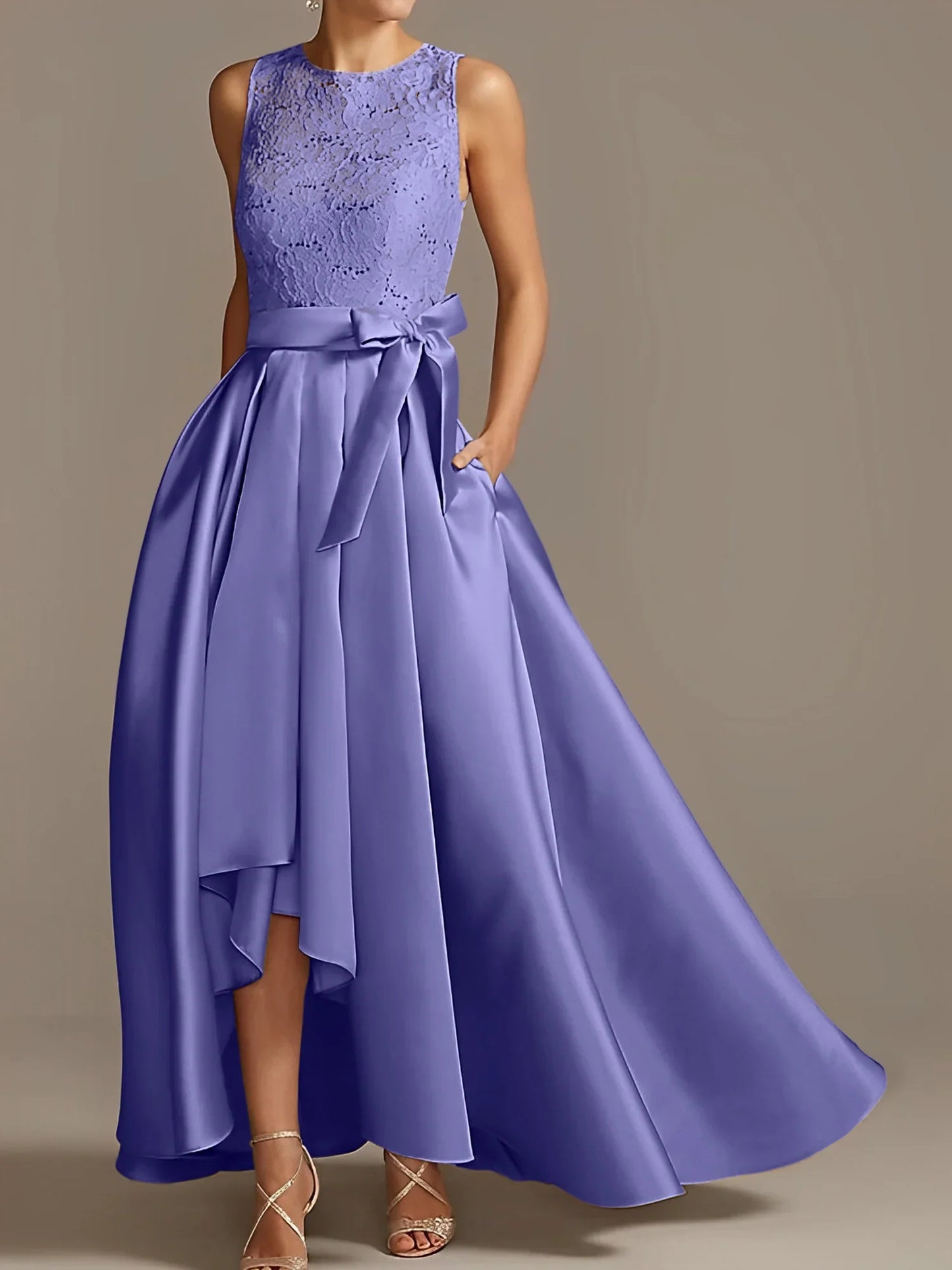 A-line/Princess collar sleeveless pleated lace mother of the bride dress