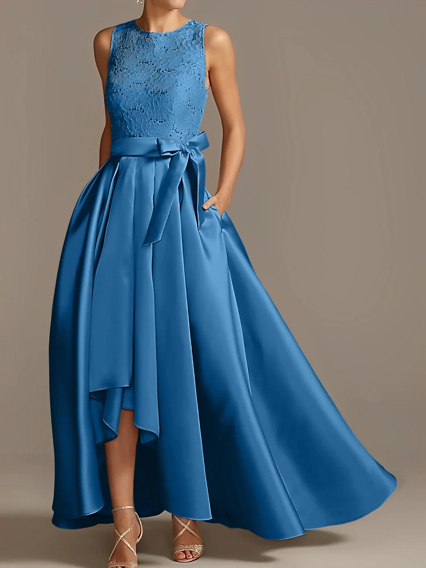 A-line/Princess collar sleeveless pleated lace mother of the bride dress
