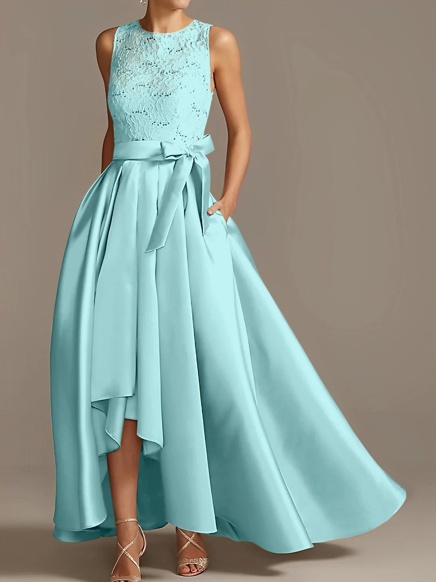 A-line/Princess collar sleeveless pleated lace mother of the bride dress