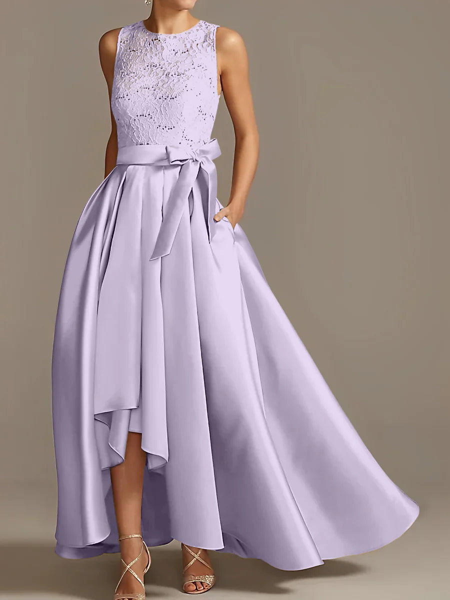 A-line/Princess collar sleeveless pleated lace mother of the bride dress